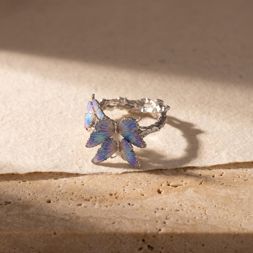 Enamel Butterfly Ring, Platinum-Plated Brass Branch Band, Nature Inspired Jewelry