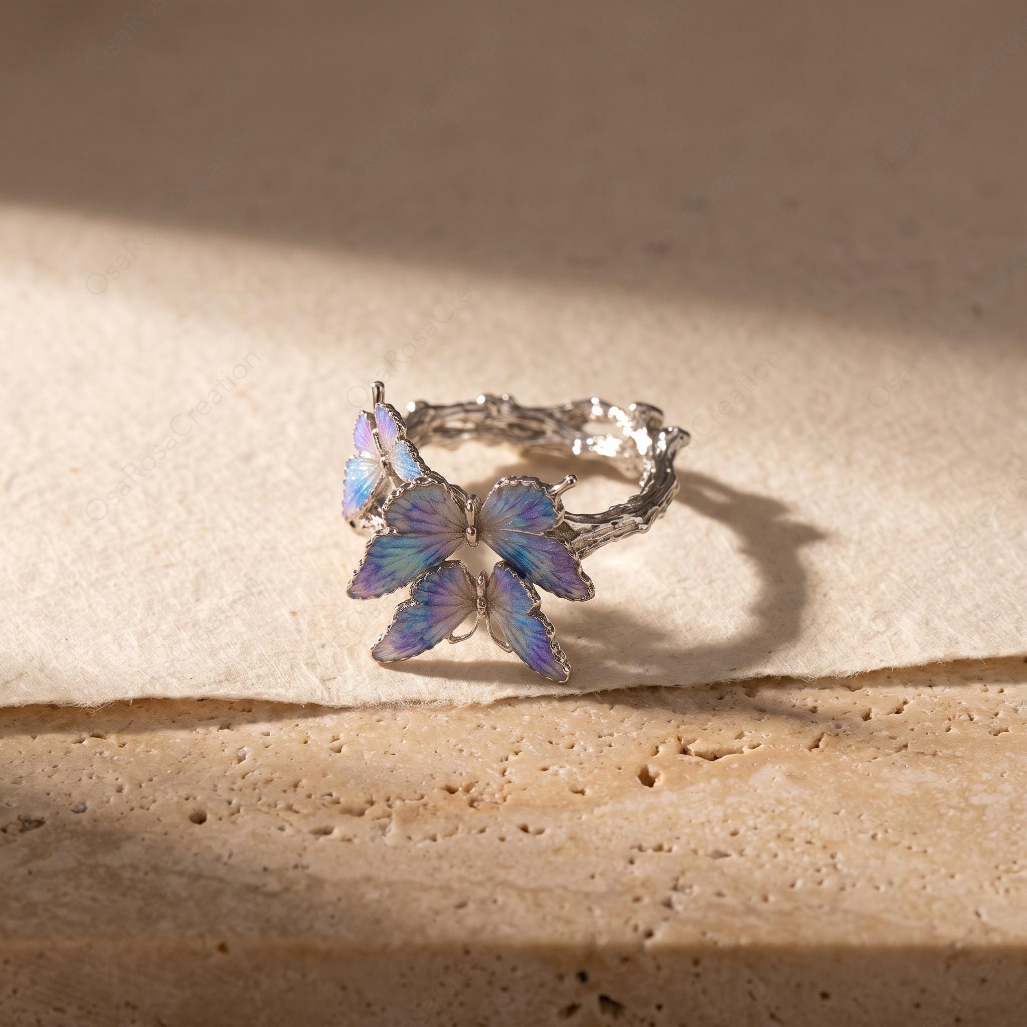 Enamel Butterfly Ring, Platinum-Plated Brass Branch Band, Nature Inspired Jewelry
