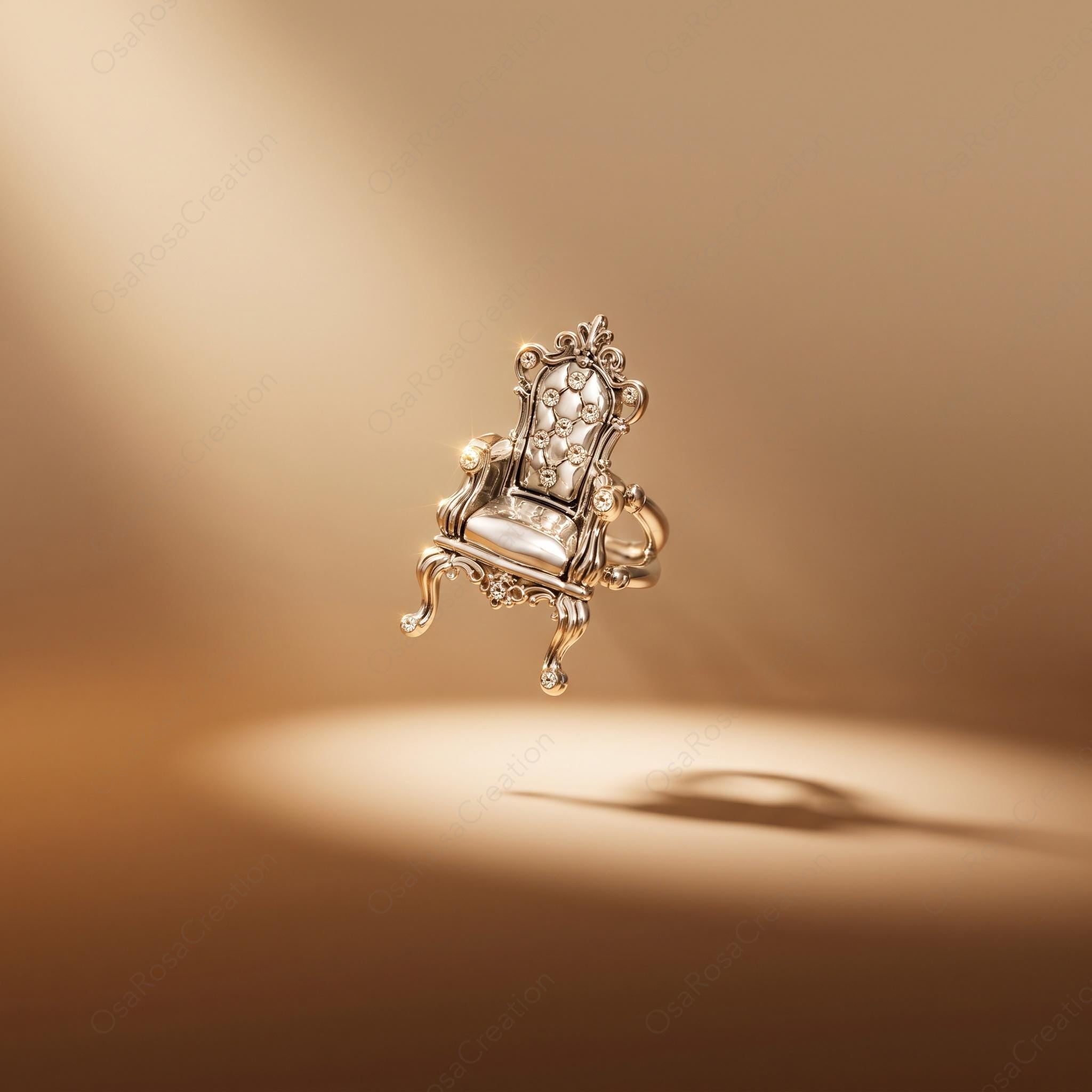 Baroque Throne Ring, Platinum-Plated Brass Sculptural Chair Jewelry, Vintage Inspired Statement Ring