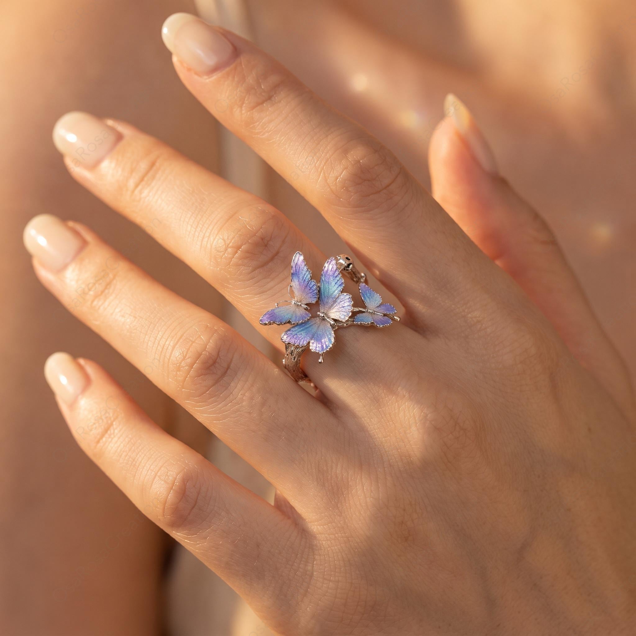 Enamel Butterfly Ring, Platinum-Plated Brass Branch Band, Nature Inspired Jewelry