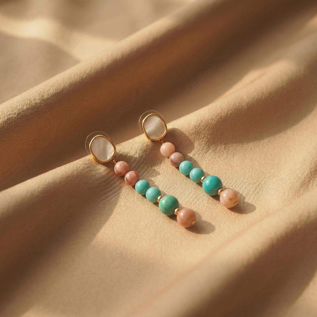 Long Turquoise Pink Stone Drop Earrings, Mediterranean Style Gold Plated Jewelry