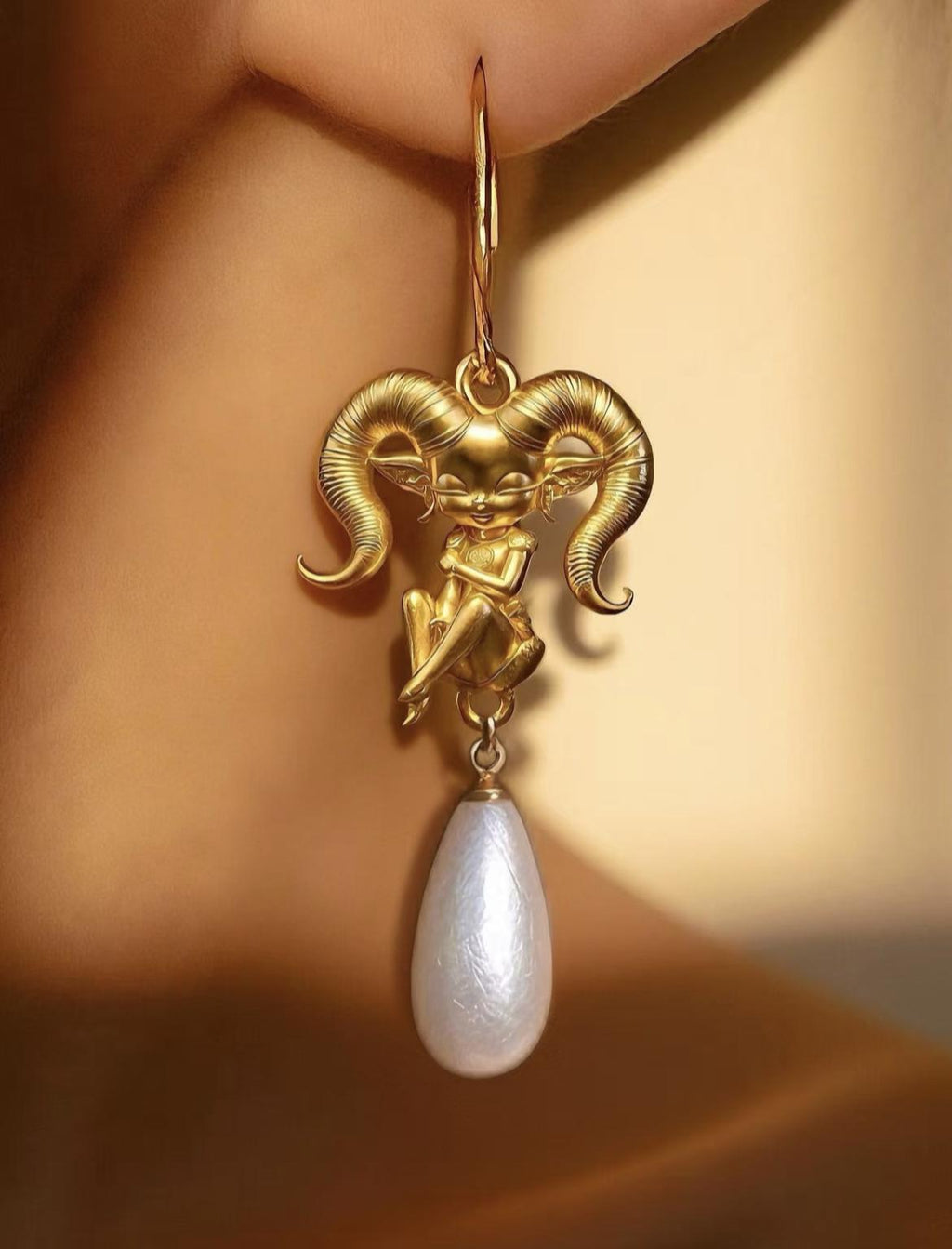 Aries Zodiac Earrings | Gold Ram & Pearl, Sterling Silver Hooks