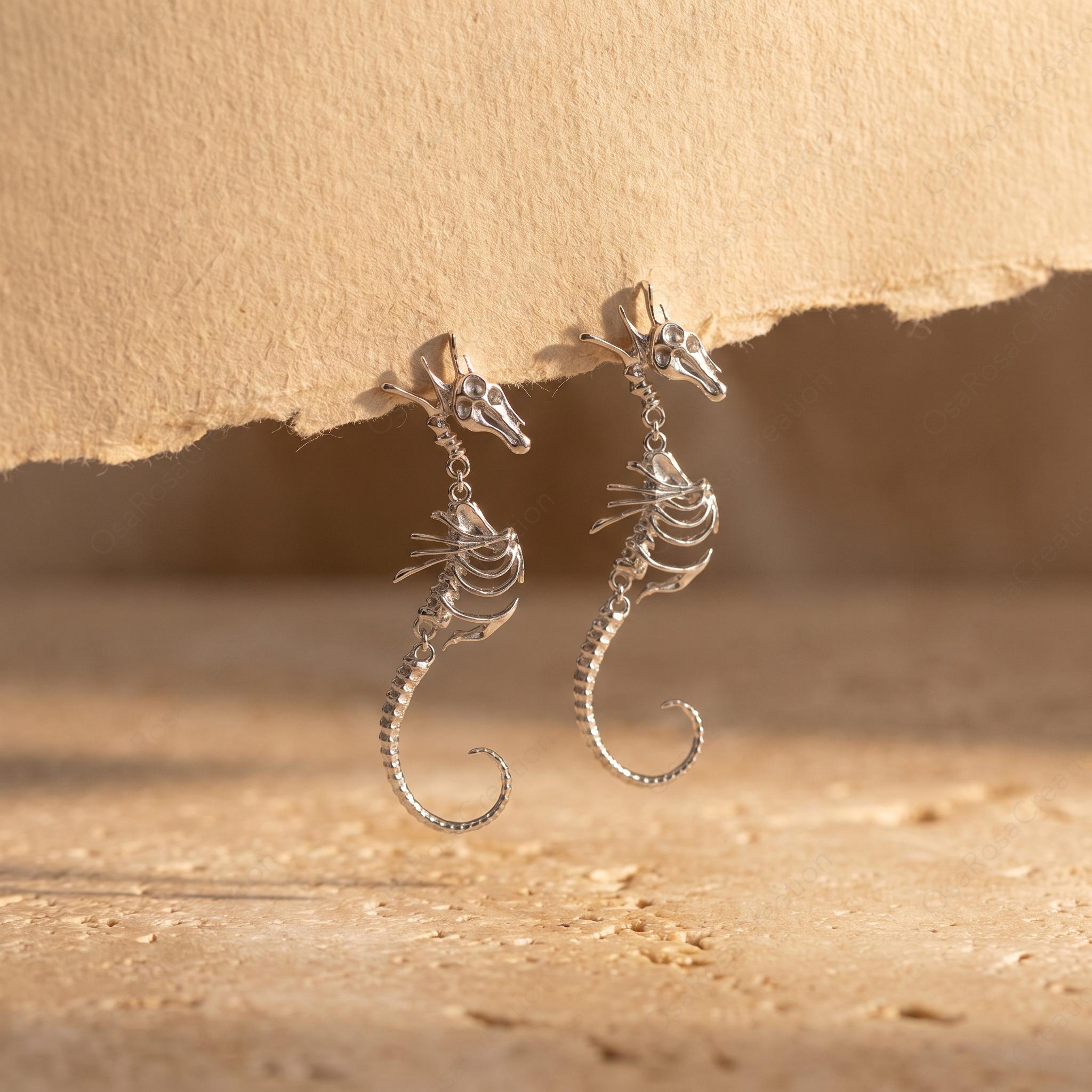 Siren’s Abyss Flower Seahorse Bone Earrings — Gold Plated Jewelry