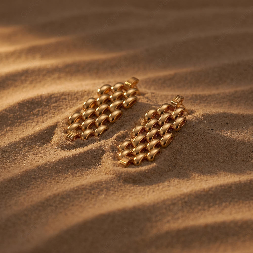 Chunky Gold Woven Drop Earrings, Architectural Statement Jewelry, Vintage Style Gift