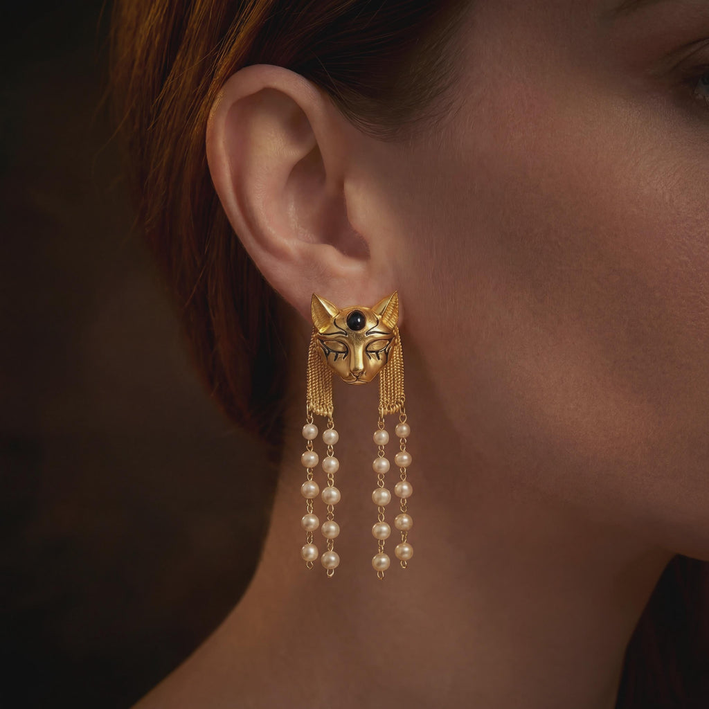 Egyptian Cat Earrings • Bastet Goddess Pearl Tassel • Art Deco Jewelry