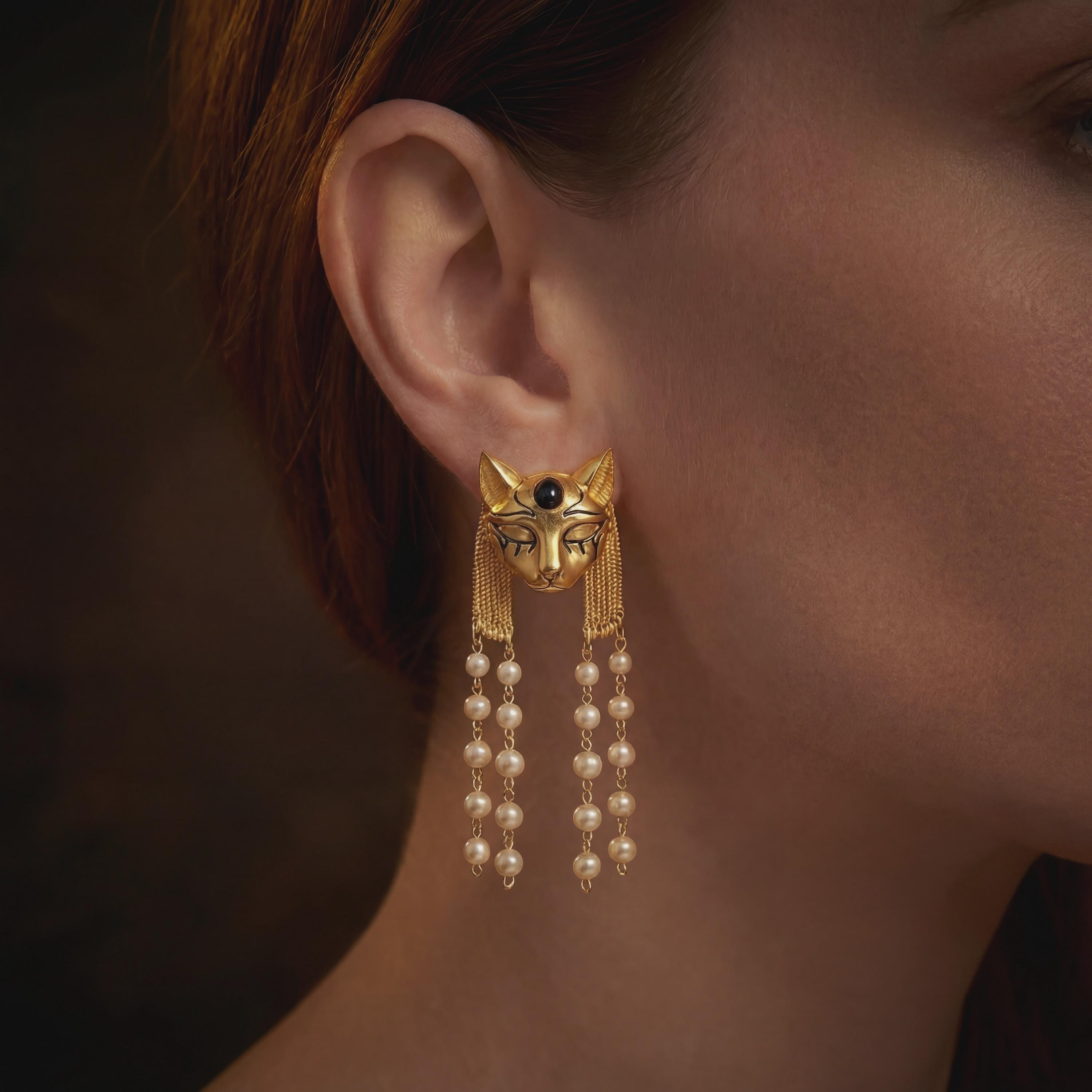 Egyptian Cat Earrings • Bastet Goddess Pearl Tassel • Art Deco Jewelry