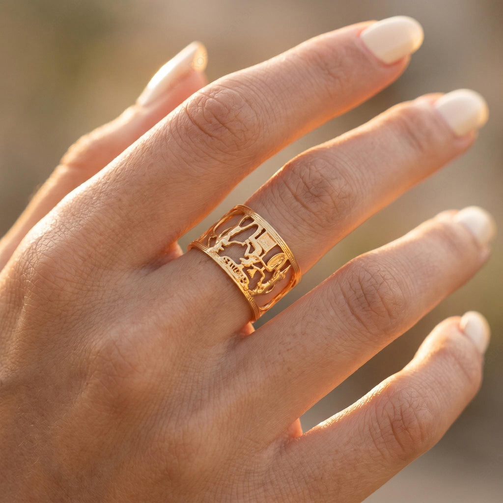 Gold Plated Copper Hieroglyphic Ring | Egyptian Nile Statement Jewelry (Adjustable)