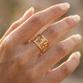 Gold Plated Copper Hieroglyphic Ring | Egyptian Nile Statement Jewelry (Adjustable)