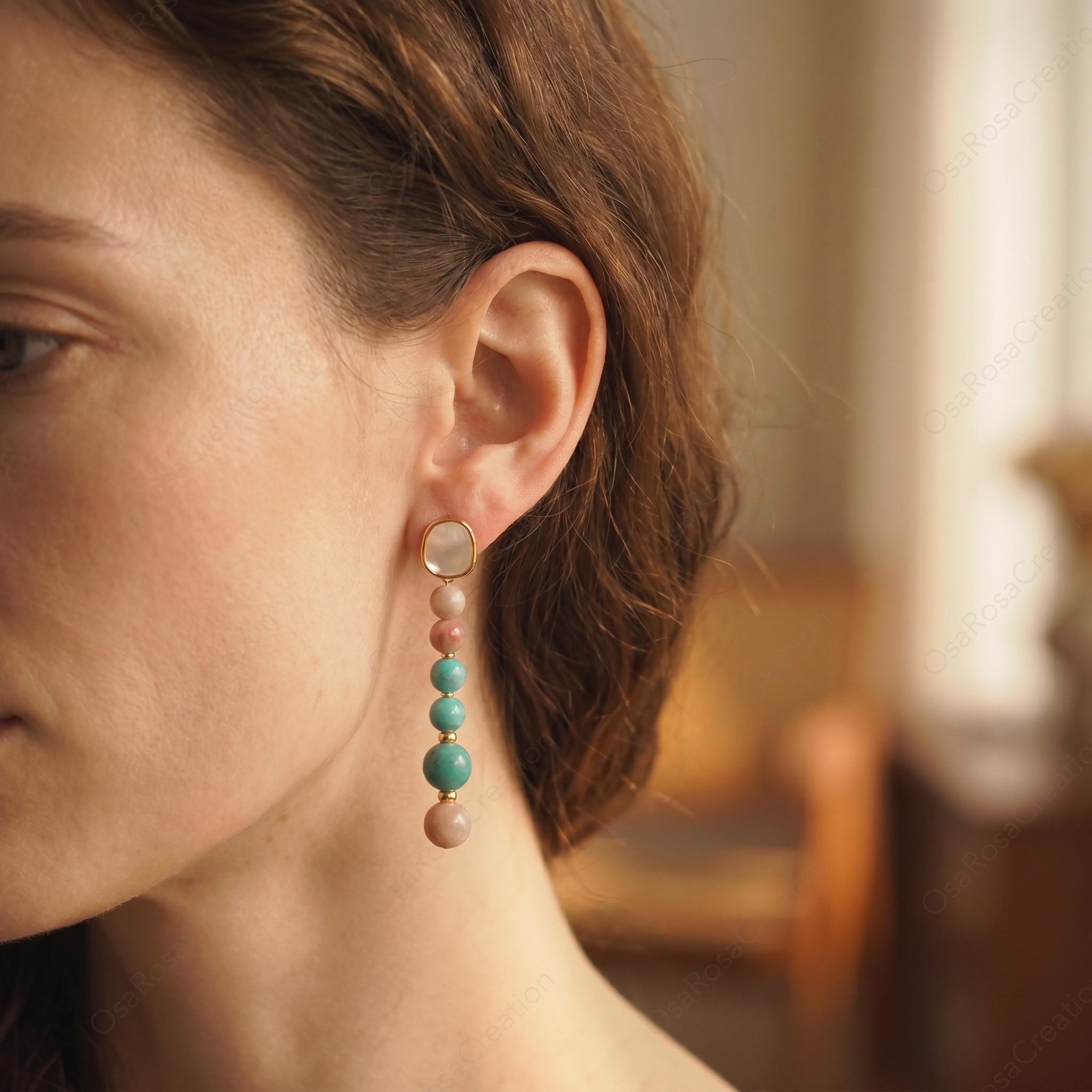 Long Turquoise Pink Stone Drop Earrings, Mediterranean Style Gold Plated Jewelry