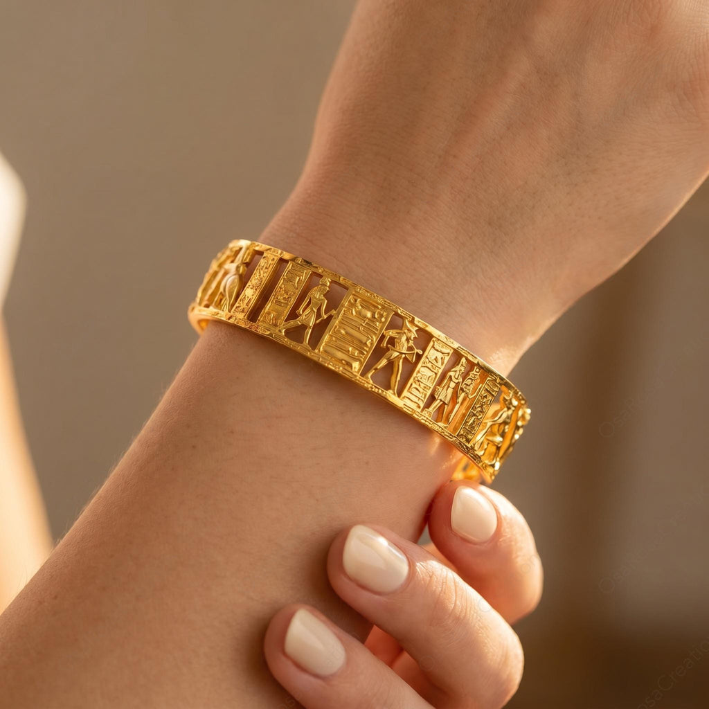 Ancient Egyptian Openwork Cuff Bracelet, Gold Sculptural Bangle, Hieroglyph Art Jewelry