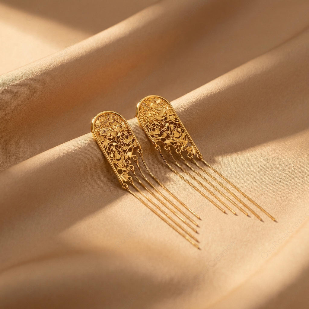 Vintage Gold Floral Arch Dangle Earrings – Botanical Lace Fringe, Romantic Wedding Jewelry (Clip-on)