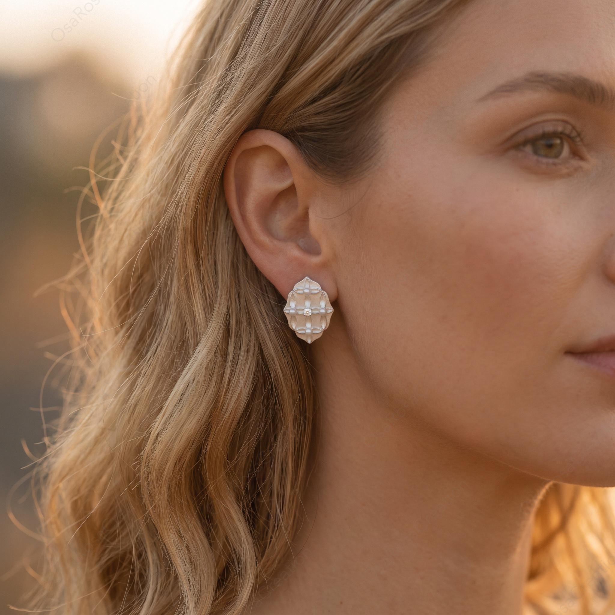 Silver Vintage Style Stud Earrings, Geometric Pearl Earrings, Art Deco Floral Studs