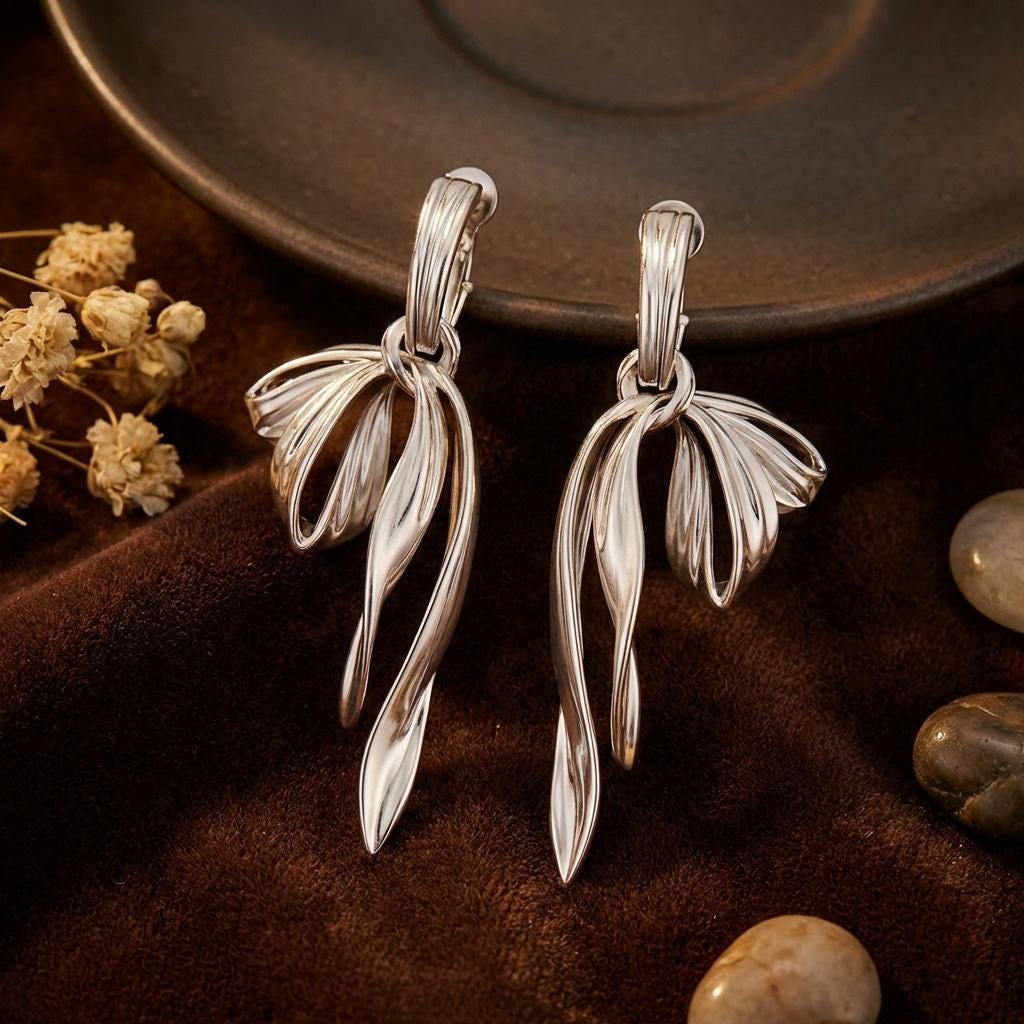 Matte Silver Ribbon Earrings • French Vintage Dangle