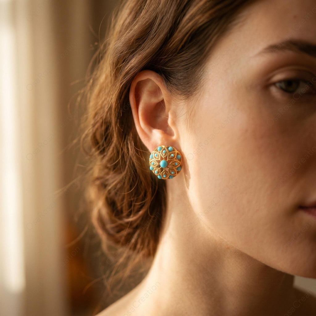 Vintage Style Turquoise Stud Earrings, Gold Filigree Floral Earrings, Mediterranean Art Deco Jewelry, Elegant Statement Earrings for Women