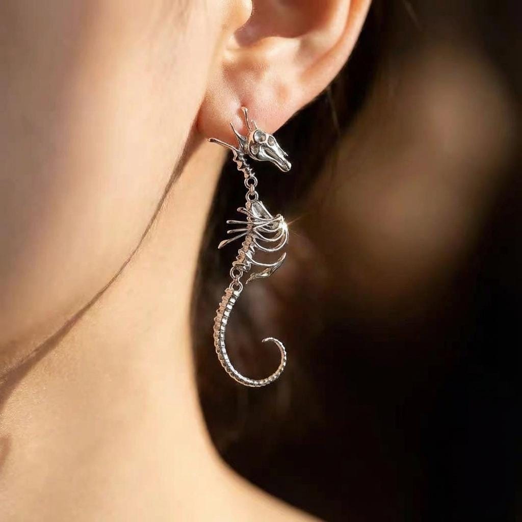 Siren’s Abyss Flower Seahorse Bone Earrings — Gold Plated Jewelry