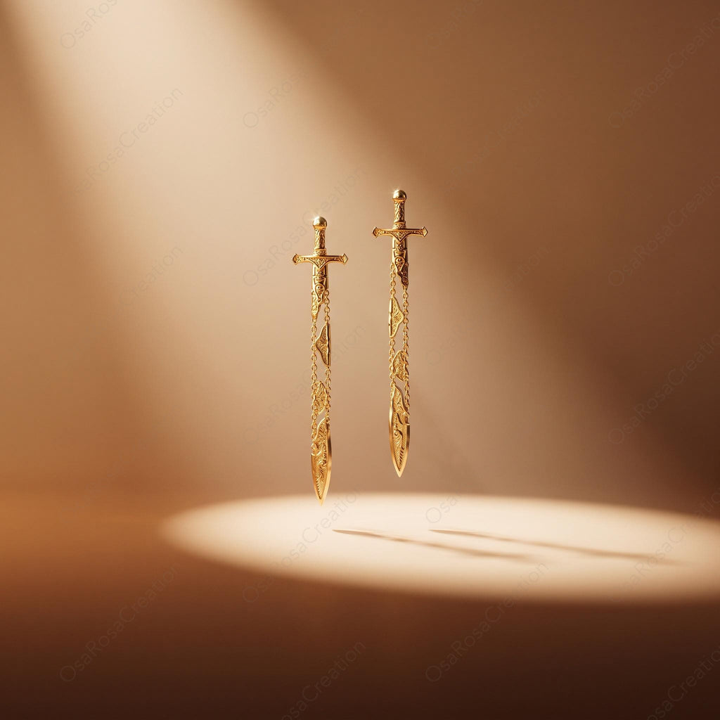 Gold Sword Drop Earrings, Sculptural Dagger Dangle Earrings, Medieval Inspired Jewelry, Edgy Statement Earrings, Unique Gift for Her