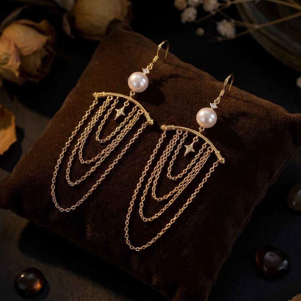 Pearl Star Dangle Earrings • 18k Gold Celestial Chain Fringe