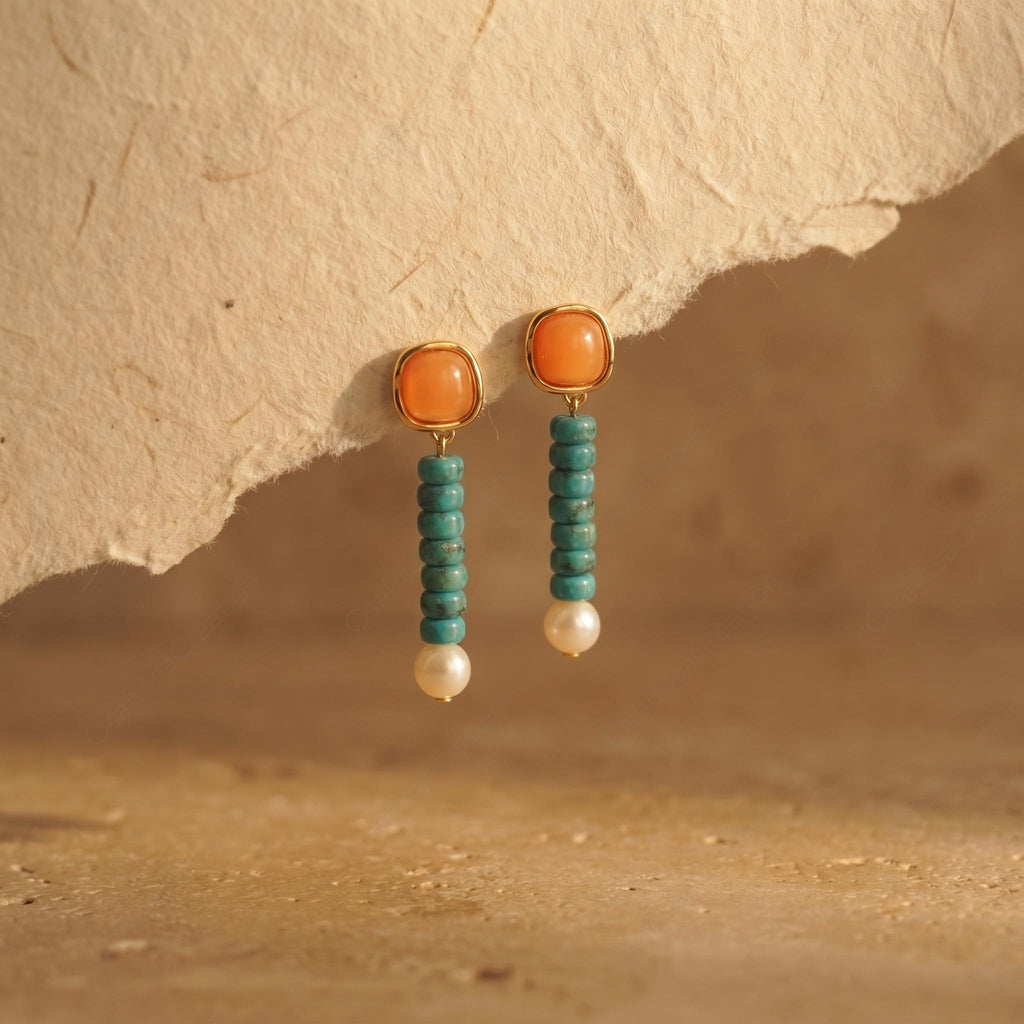Turquoise Pearl Drop Earrings, Mediterranean Coastal Jewelry, Coral Orange Gemstone Dangles, Artistic Boho Chic, Summer Vacation Gift