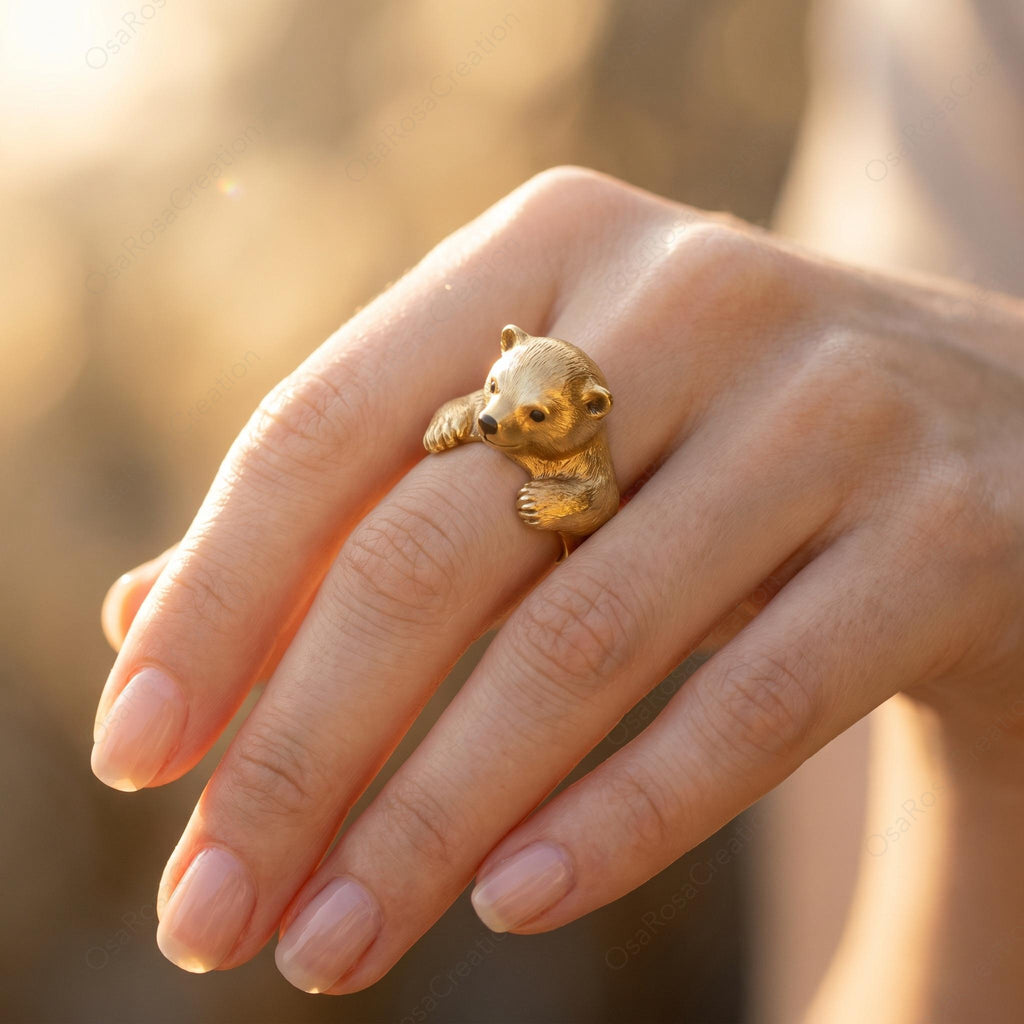 Sculptural Gold Bear Ring | Woodland Animal Hugging Jewelry, Nature Inspired Gift