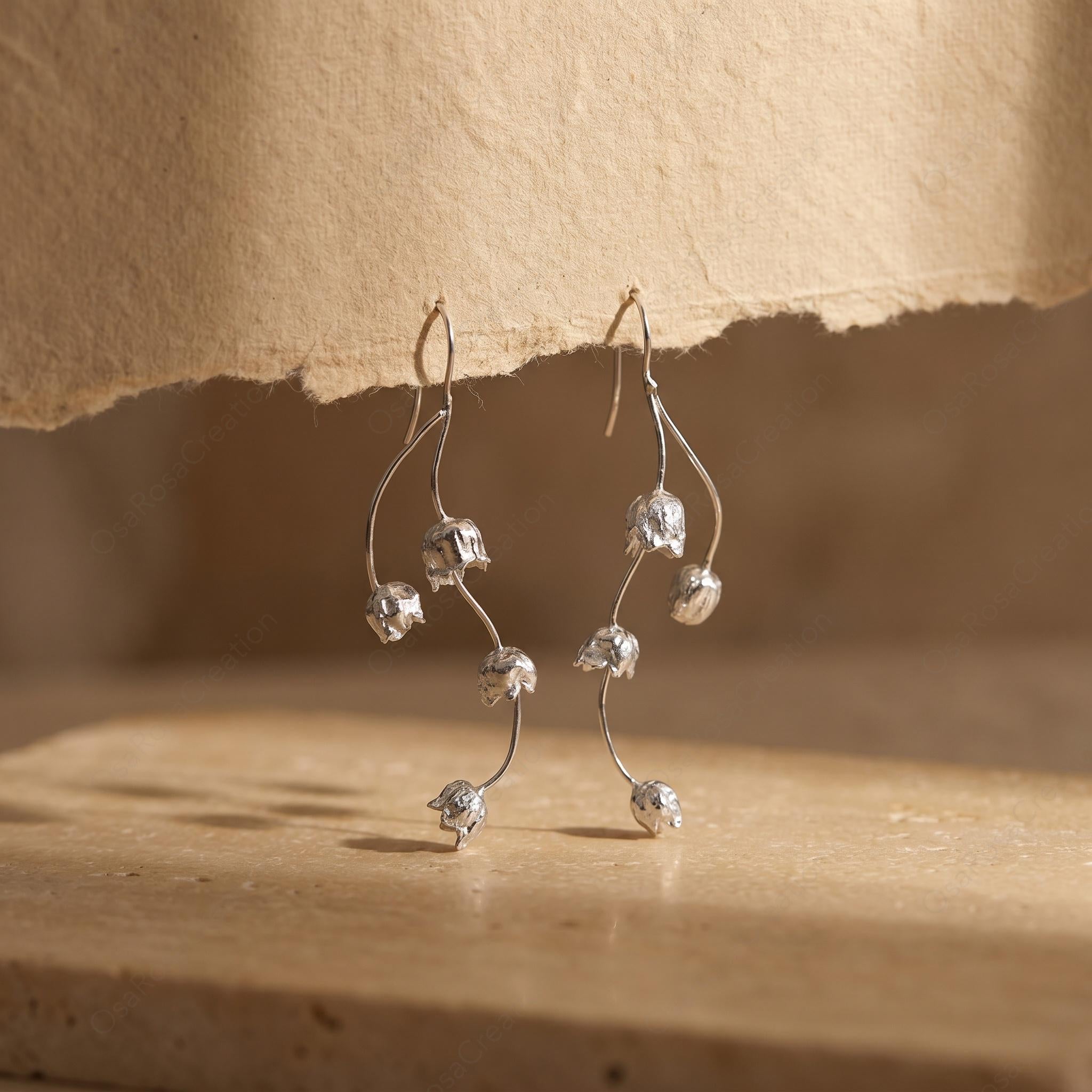 Sculptural 925 Sterling Silver Drop Earrings, Organic Botanical Dangle Jewelry
