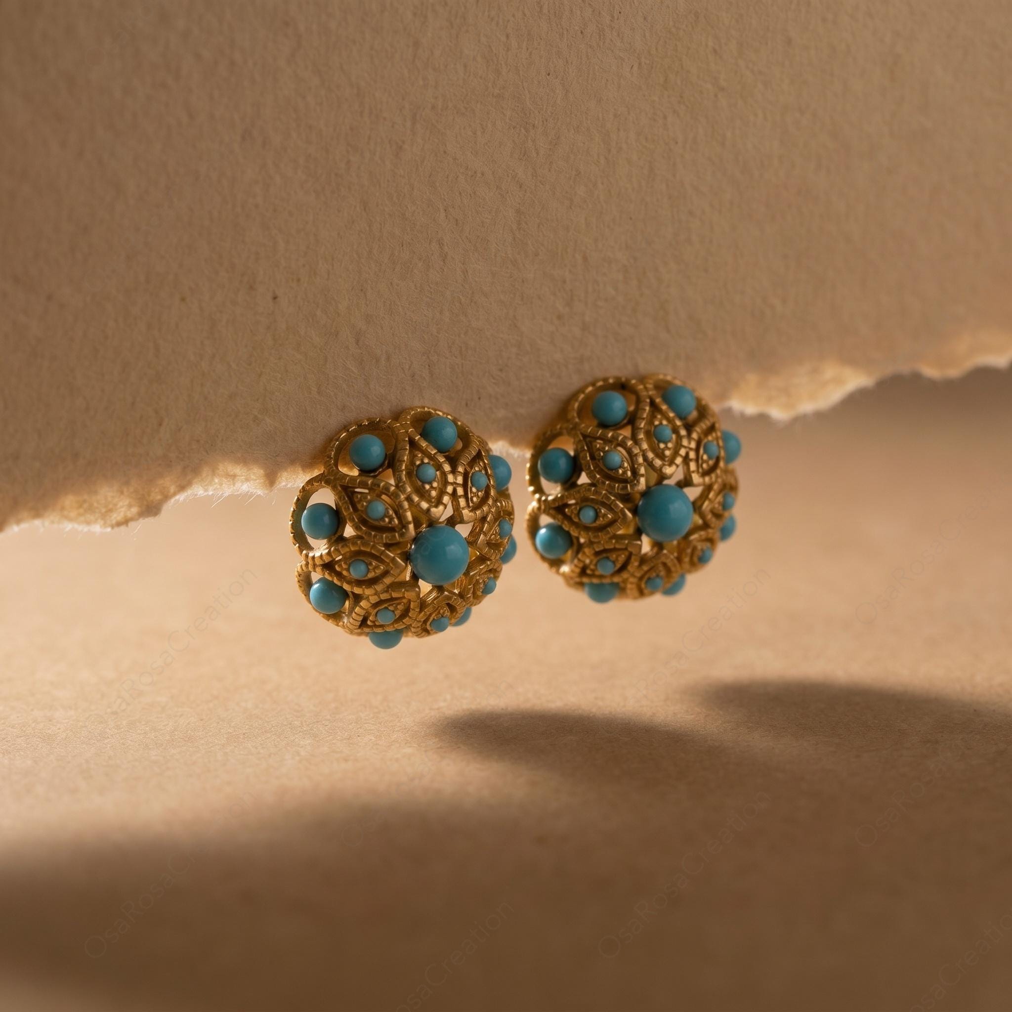 Vintage Style Turquoise Stud Earrings, Gold Filigree Floral Earrings, Mediterranean Art Deco Jewelry, Elegant Statement Earrings for Women