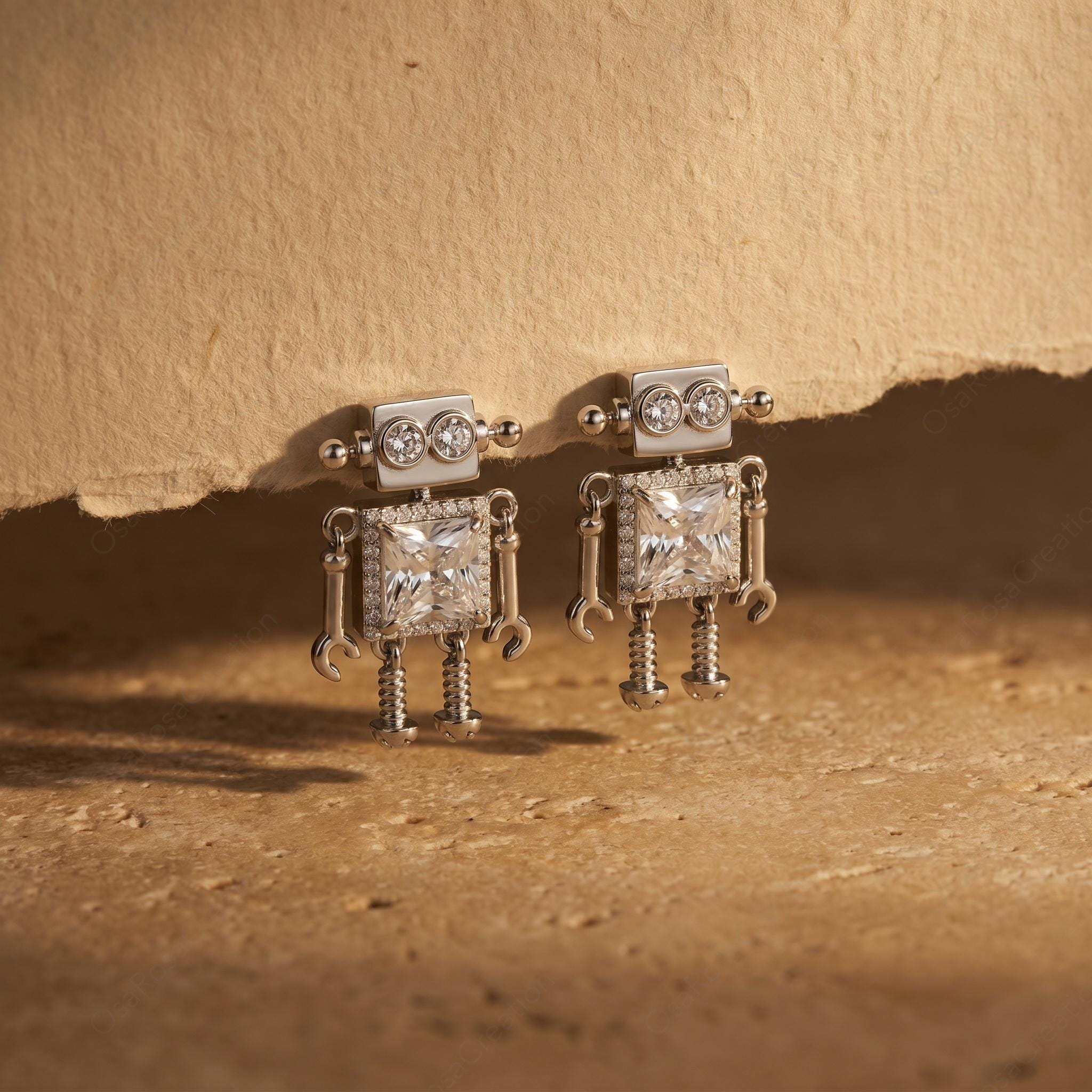 Sterling Robot Crystal Dangle Earrings, Retro Futuristic Geometric Jewelry