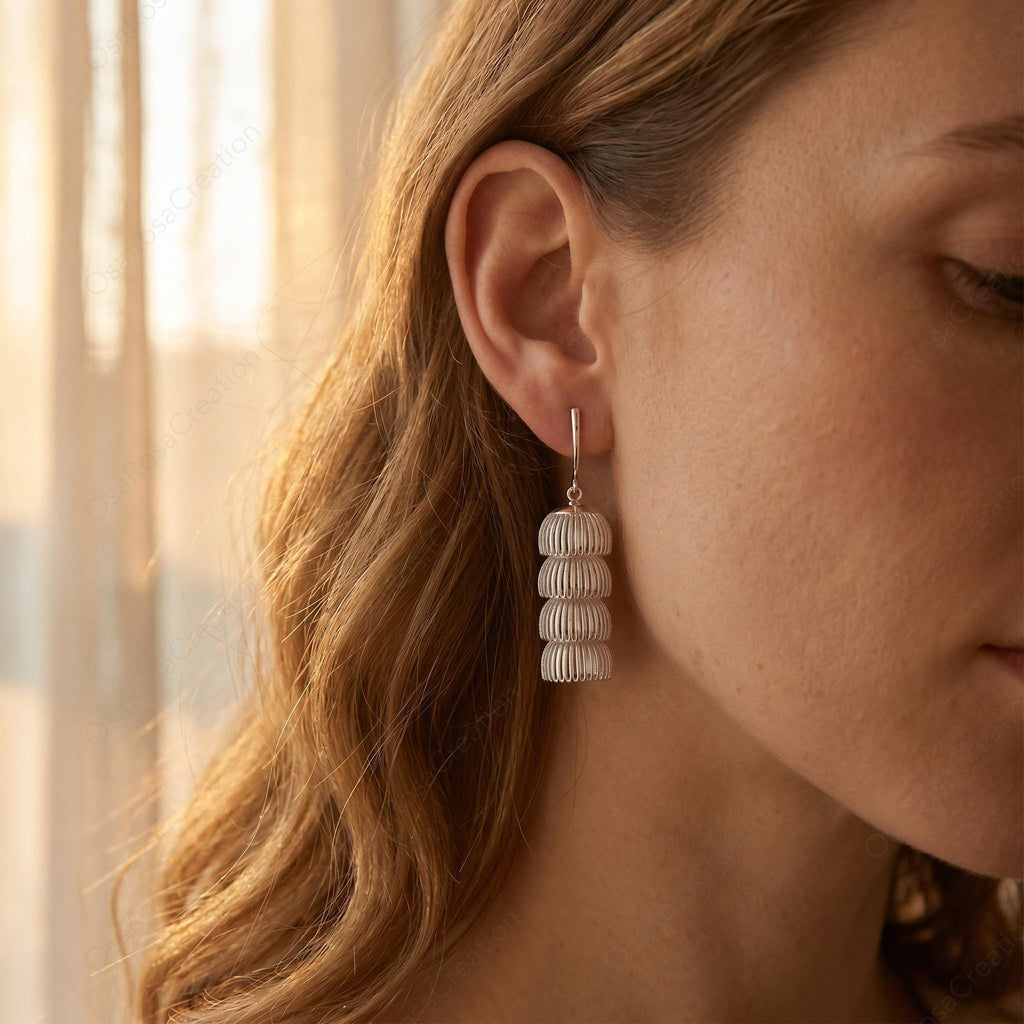 Sculptural Gold Drop Earrings, Fluted Column Dangle Jewelry, Artistic Minimalist Gift