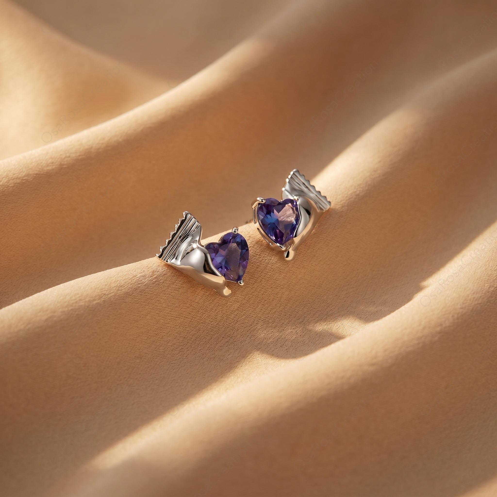Sterling Silver Crushed Metal Heart Earrings, Purple Gemstone Studs, Unwrapped Candy Design