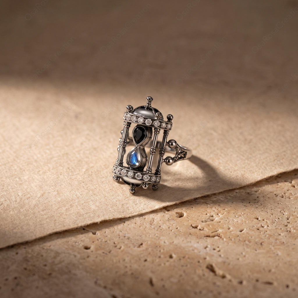 Vintage Hourglass Ring, Oxidized Silver Statement, Dark Academia Blue Gemstone