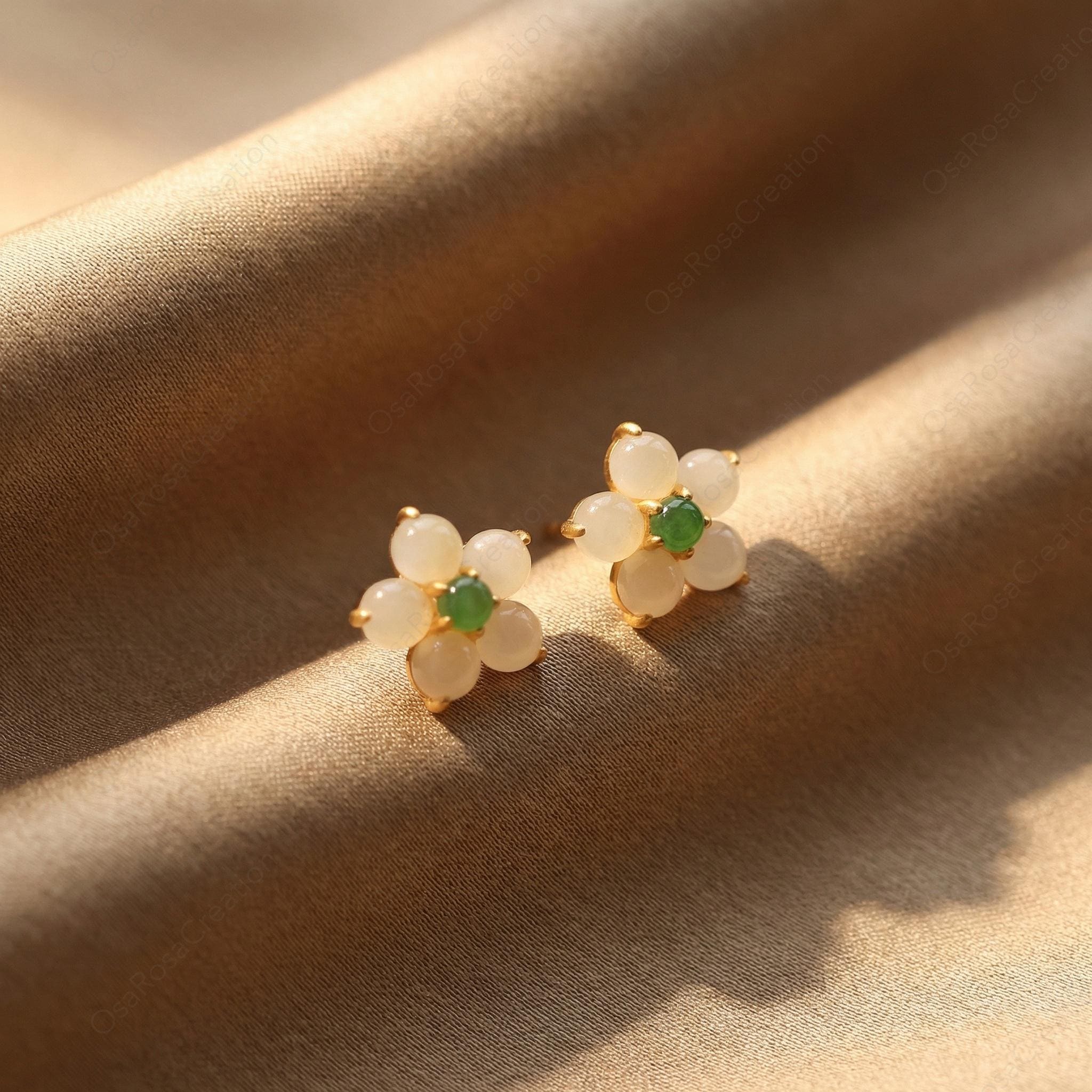 White Floral Earrings, Green Stone Botanical Dangle, Gold-Plated Brass, Sterling Silver Post