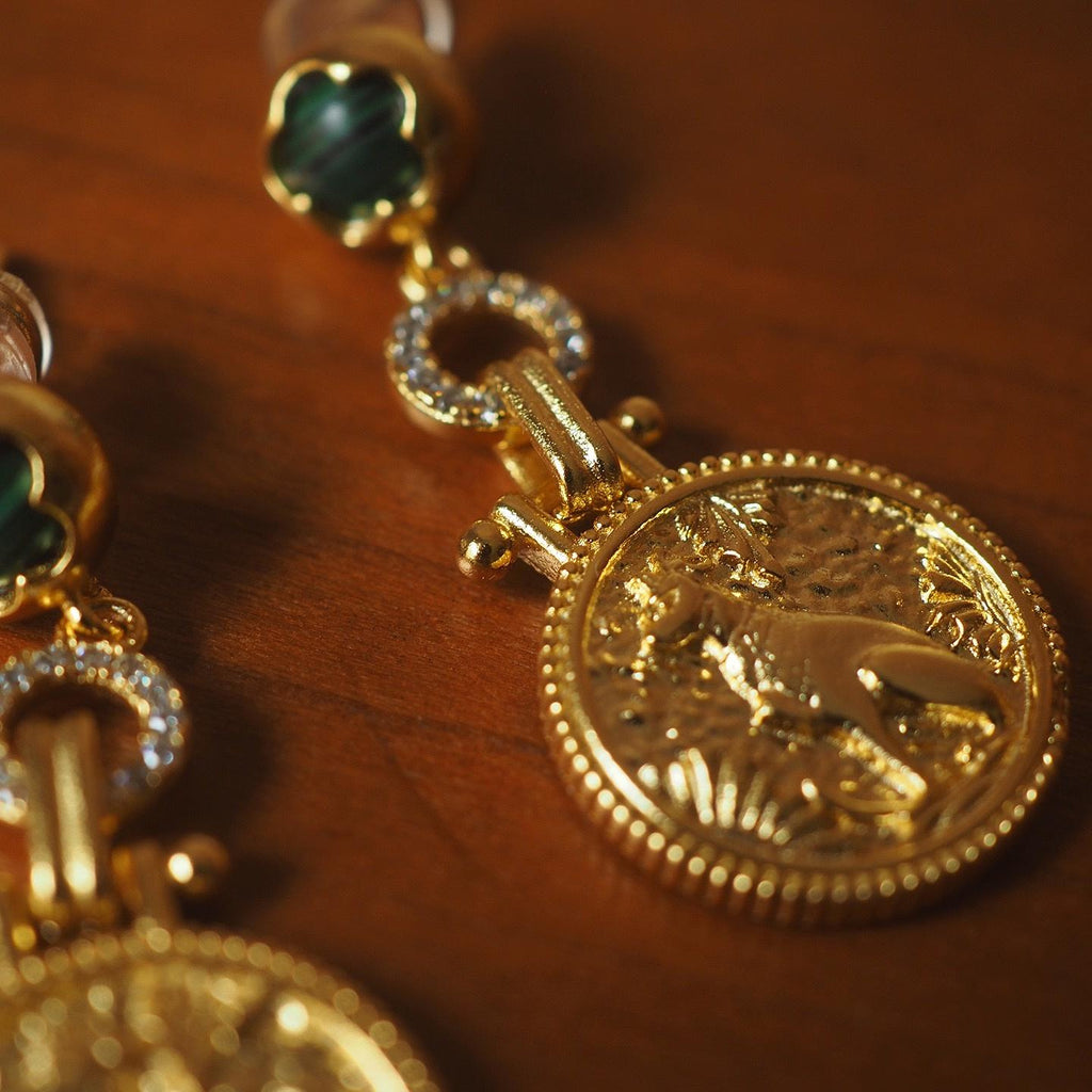 Gold Coin Malachite Earrings, Vintage Medallion, 925 Silver Post