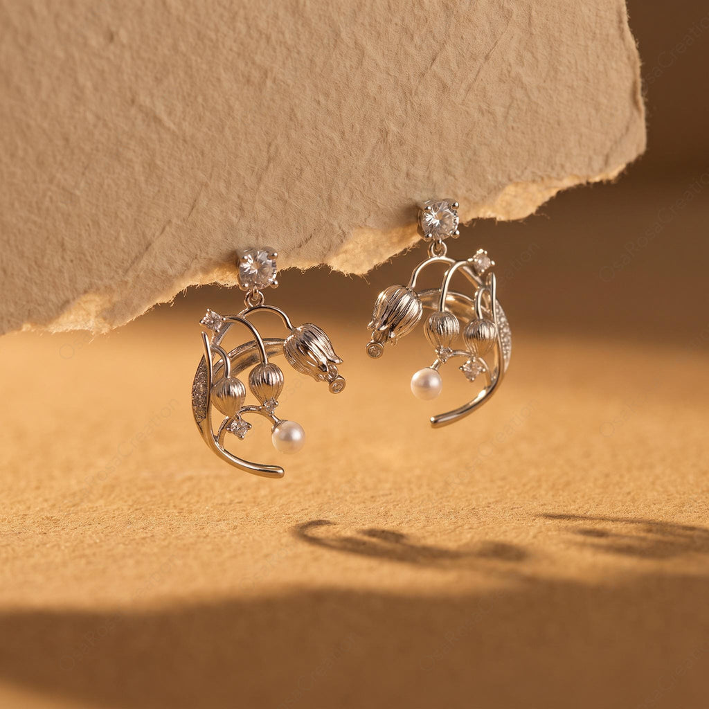 Silver Lily of the Valley Earrings, Pearl Drop Botanical Jewelry
