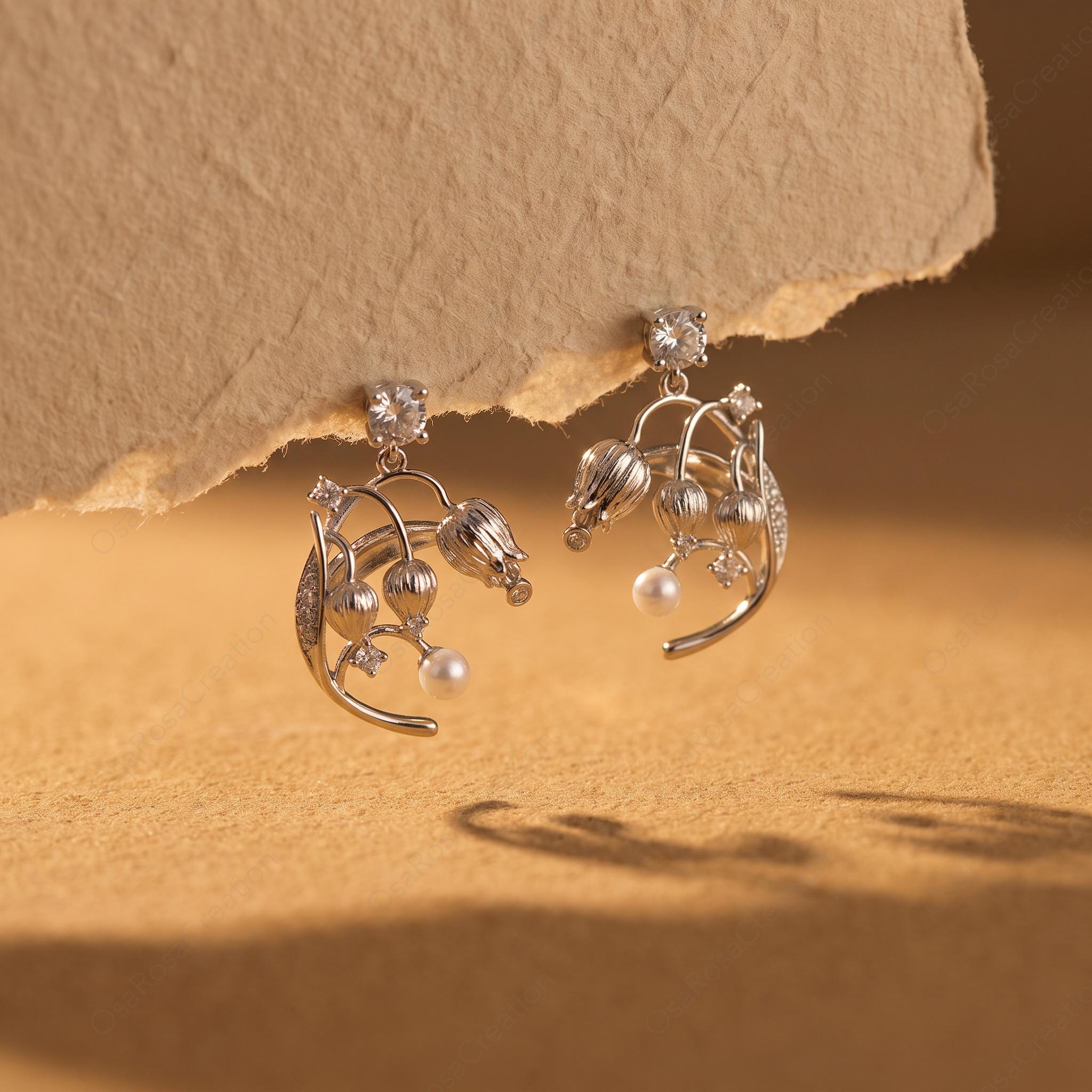 Silver Lily of the Valley Earrings, Pearl Drop Botanical Jewelry