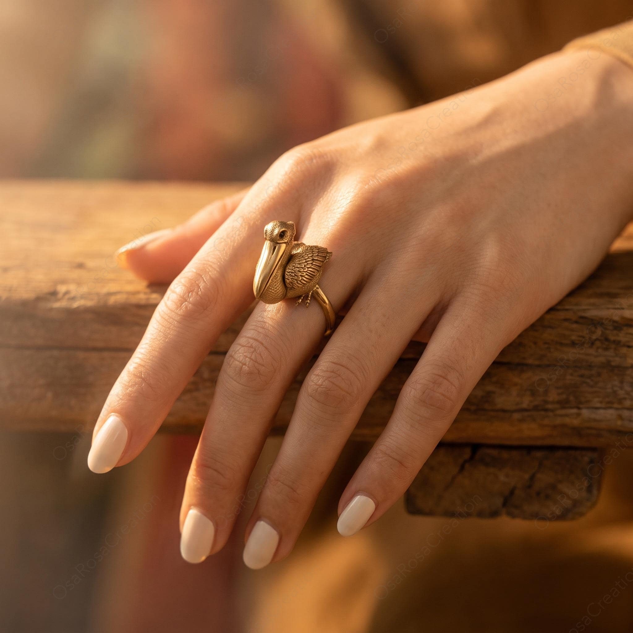 Sculptural Pelican Ring | Mother and Baby Bird Jewelry | Artistic Gold Animal Ring | Nature Inspired Statement Ring | Gift for Her/Him