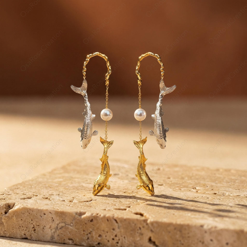 Sculptural Koi Fish Pearl Drop Earrings – Gold-Plated Brass Nature Jewelry