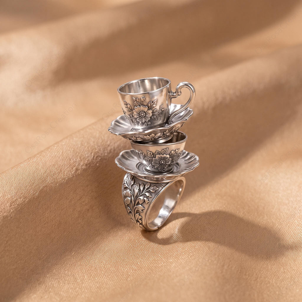 Vintage Stacked Teacup Ring, Floral Engraved Silver, Whimsical Victorian Jewelry