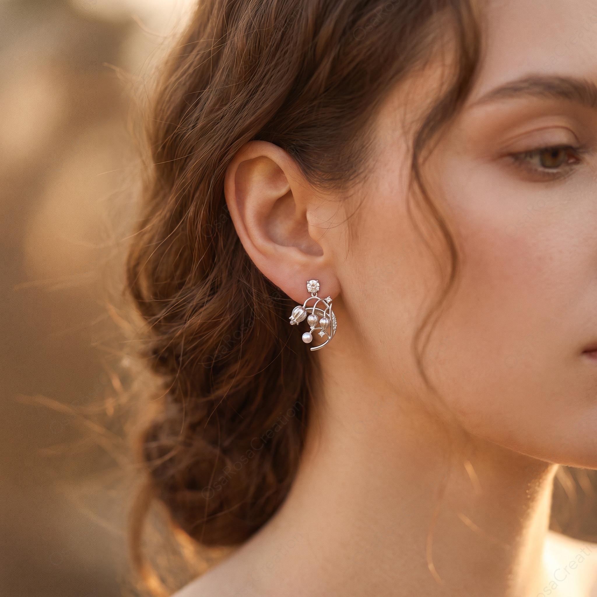 Silver Lily of the Valley Earrings, Pearl Drop Botanical Jewelry