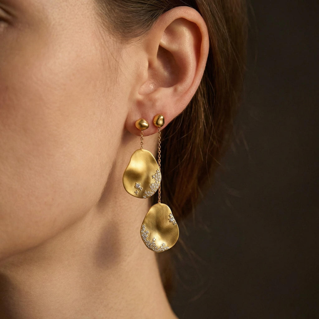 Matte Gold Pebble Dangle Earrings • Stardust Crystal Asymmetrical Jewelry