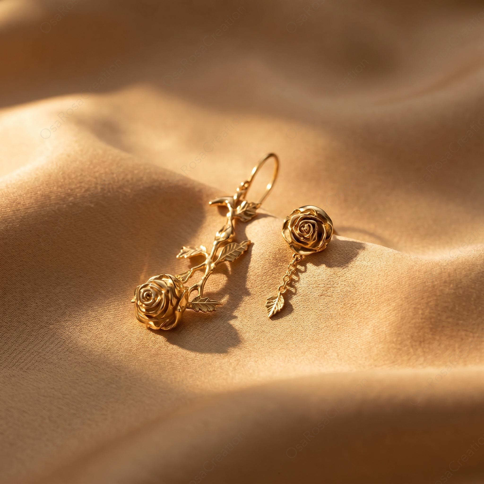 Asymmetrical Rose Earrings • 18k Gold Plated, Sterling Silver Posts
