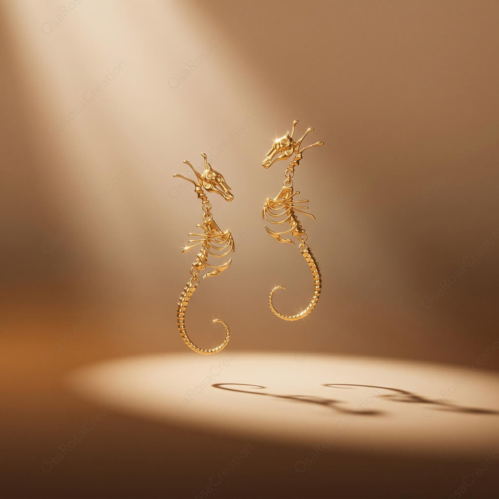 Siren’s Abyss Flower Seahorse Bone Earrings — Gold Plated Jewelry