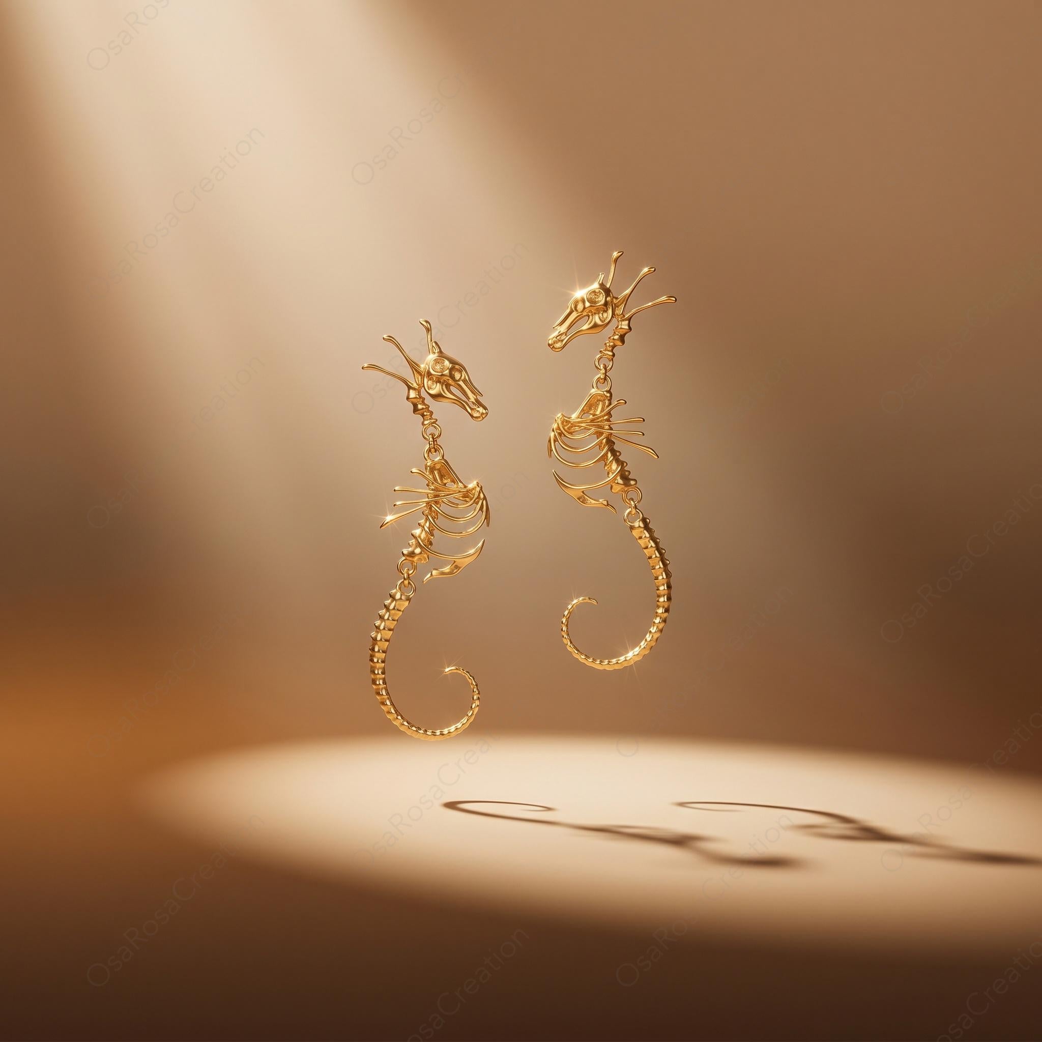 Siren’s Abyss Flower Seahorse Bone Earrings — Gold Plated Jewelry