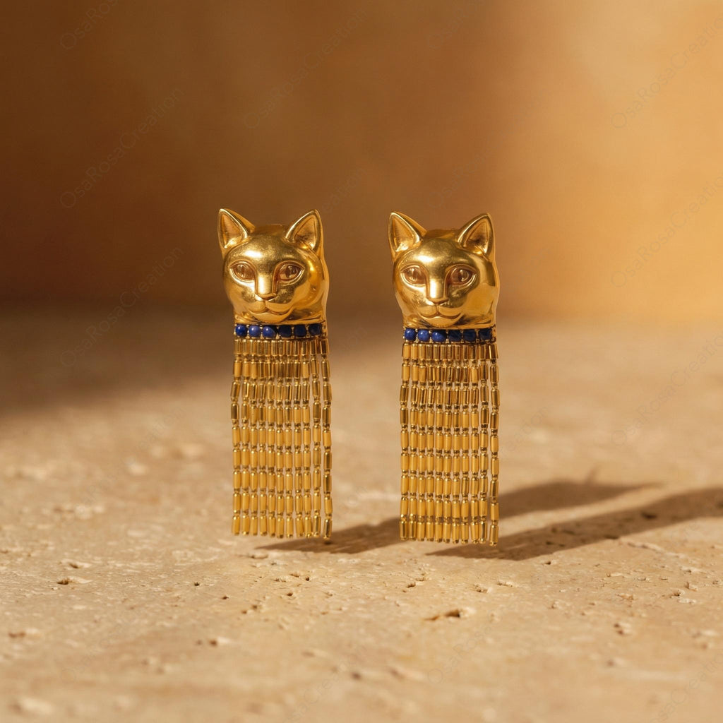 Sculptural Gold Cat Tassel Earrings Vintage Style Feline Fringe Drop Statement Jewelry