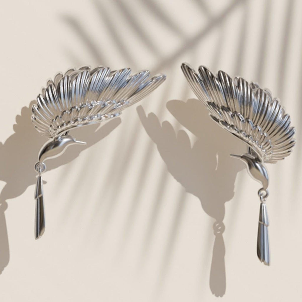 Silver Wing Earrings, Myth Inspired Dangle Ear Cuff
