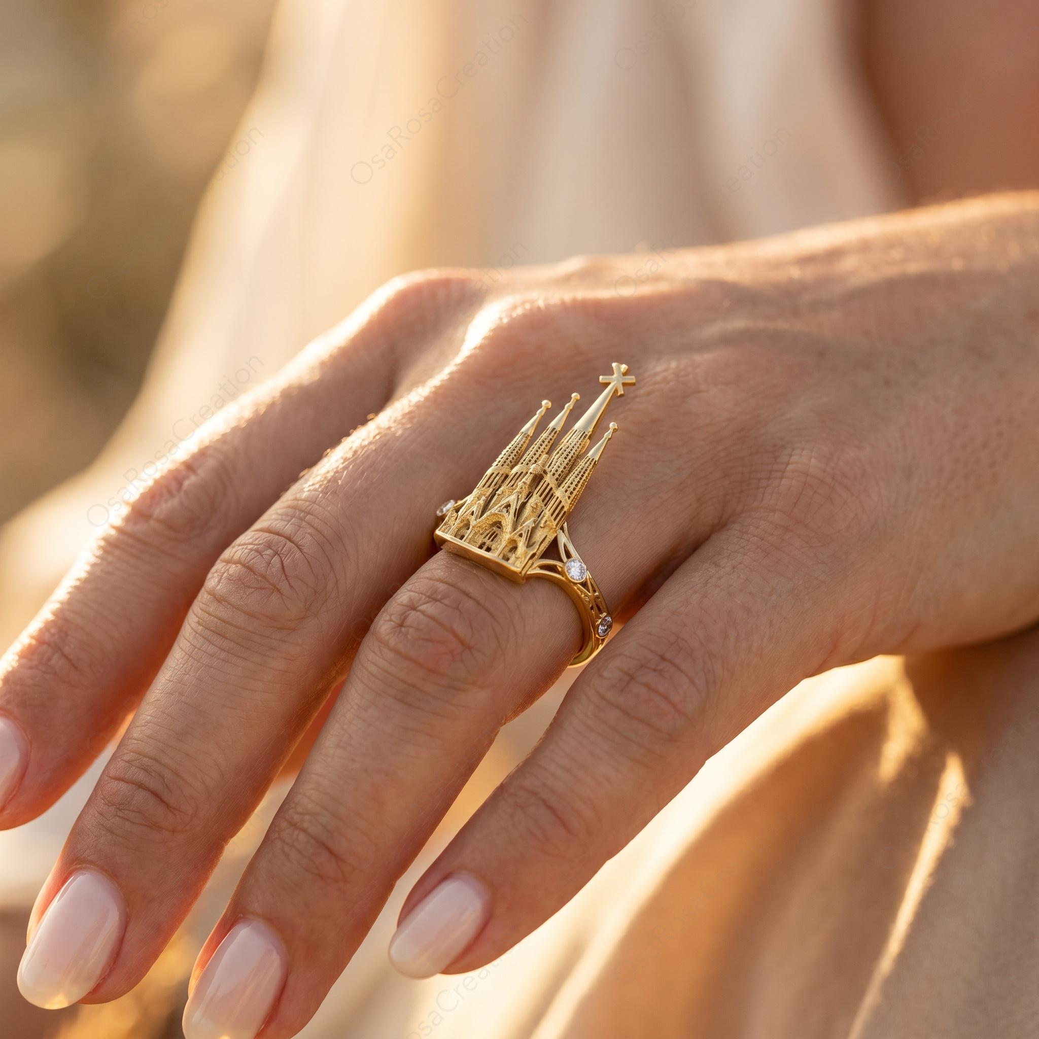 Sculptural Gold Sagrada Familia Ring, Gaudi Inspired Architectural Jewelry, Cubic Zirconia Accent