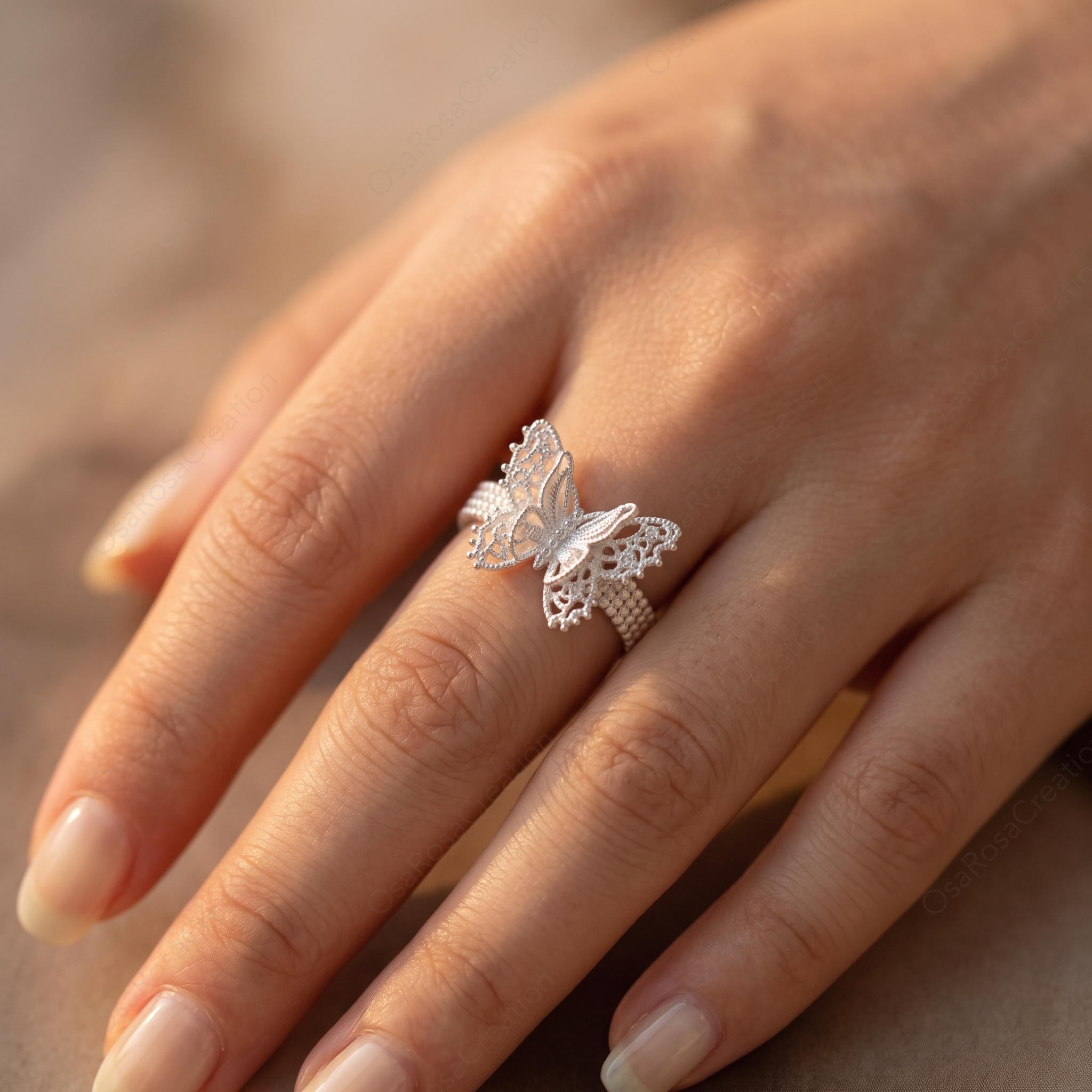 Silver Filigree Butterfly Ring, Lace Openwork Insect Jewelry, Vintage Style Beaded Band Ring, Adjustable Statement Ring, Gift for Her