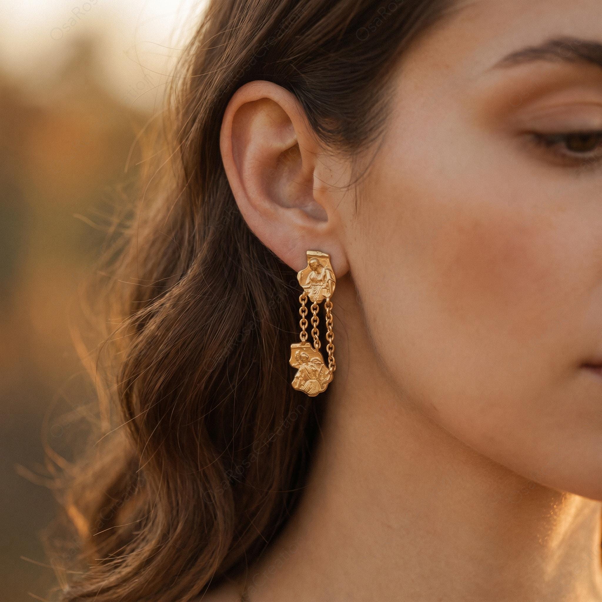 Athena & Aphrodite Earrings – Greek Goddess Jewelry, Ancient Mythology Dangle Earrings, Gold Statement Earrings｜Christmas gift