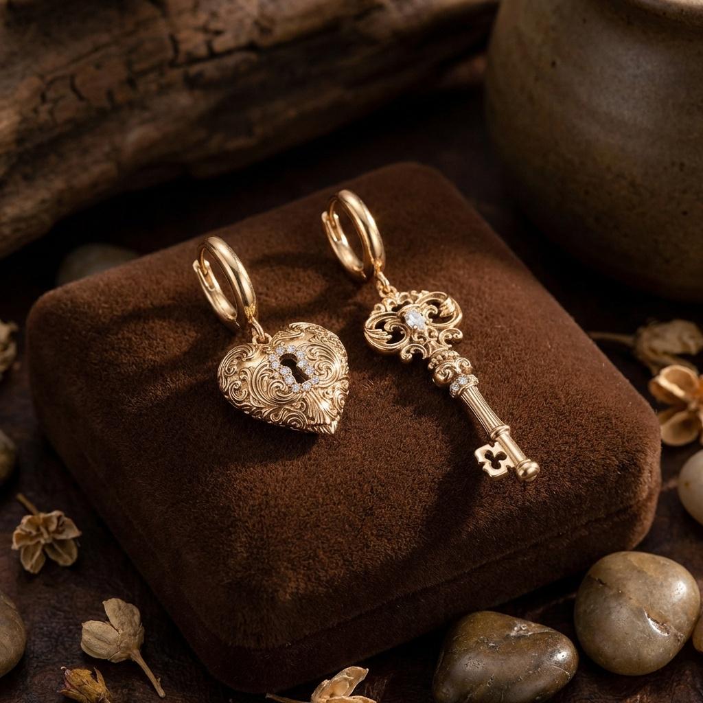 Mismatched Key & Heart Lock Earrings • Baroque Gold Huggies