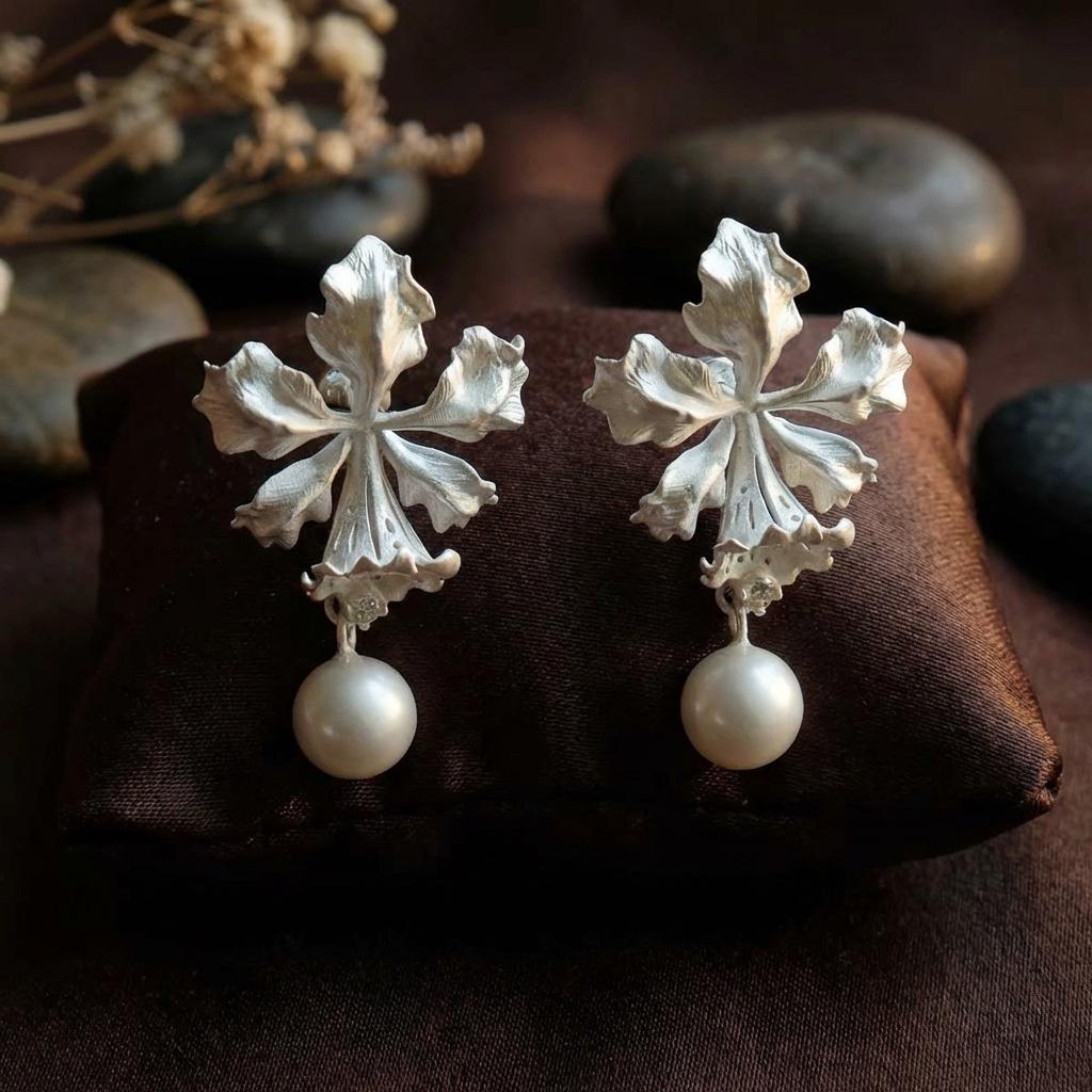 Matte Silver Orchid Pearl Drop Earrings • Botanical Bridal Jewelry