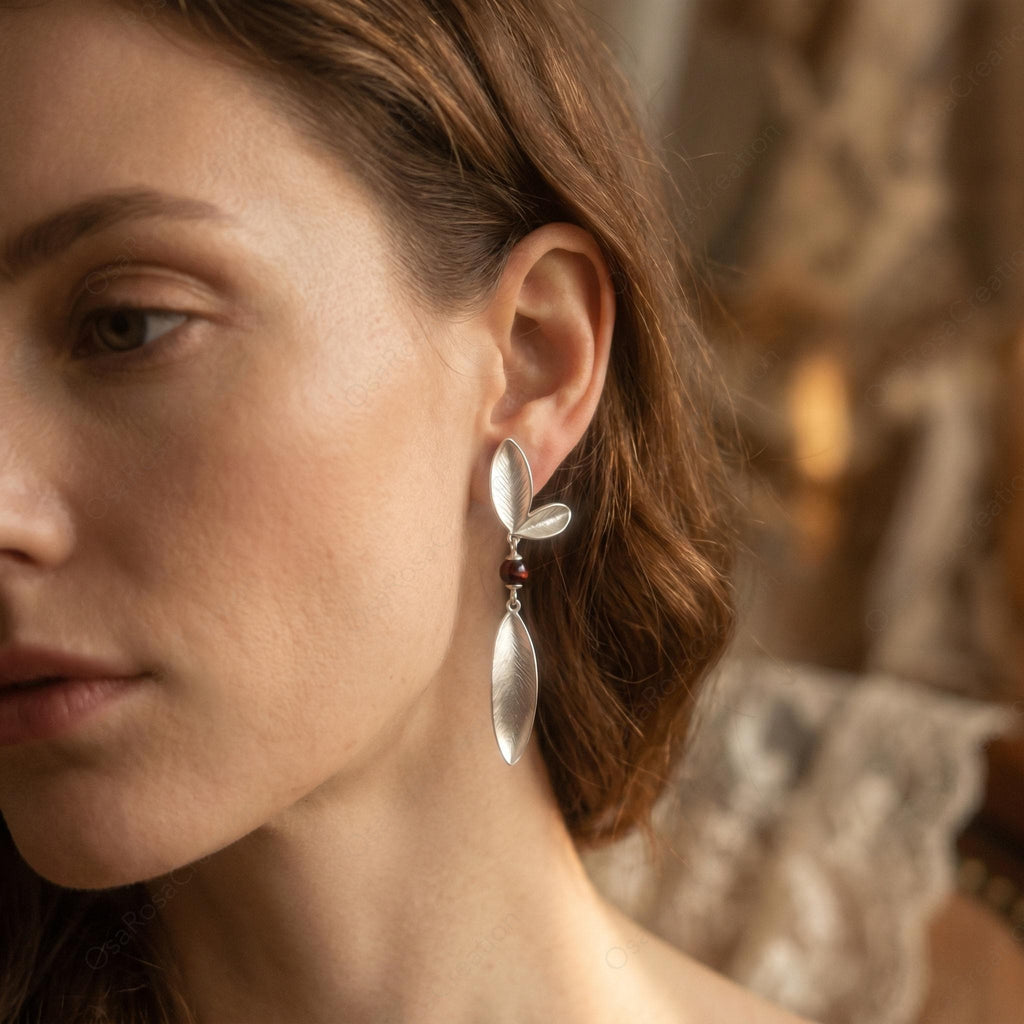 Sterling Silver Leaf Drop Earrings, Botanical Dangle, Nature Inspired Bridal Jewelry