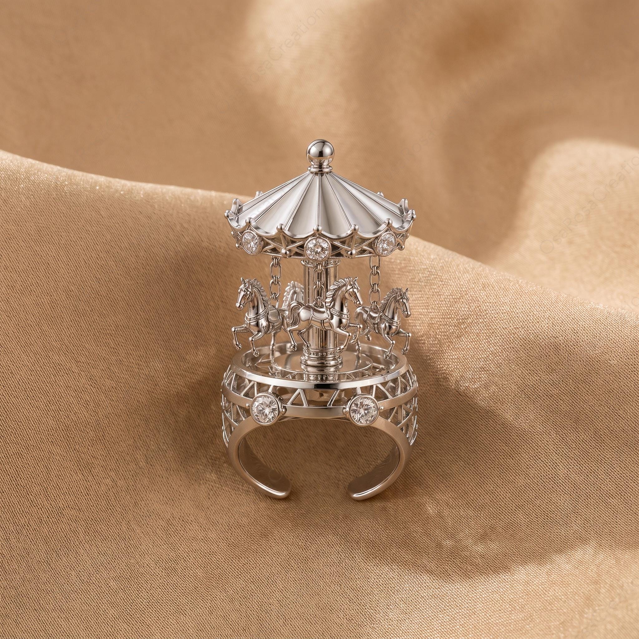 3D Carousel Dome Ring, Platinum-Plated Brass, Cubic Zirconia Fairytale Jewelry